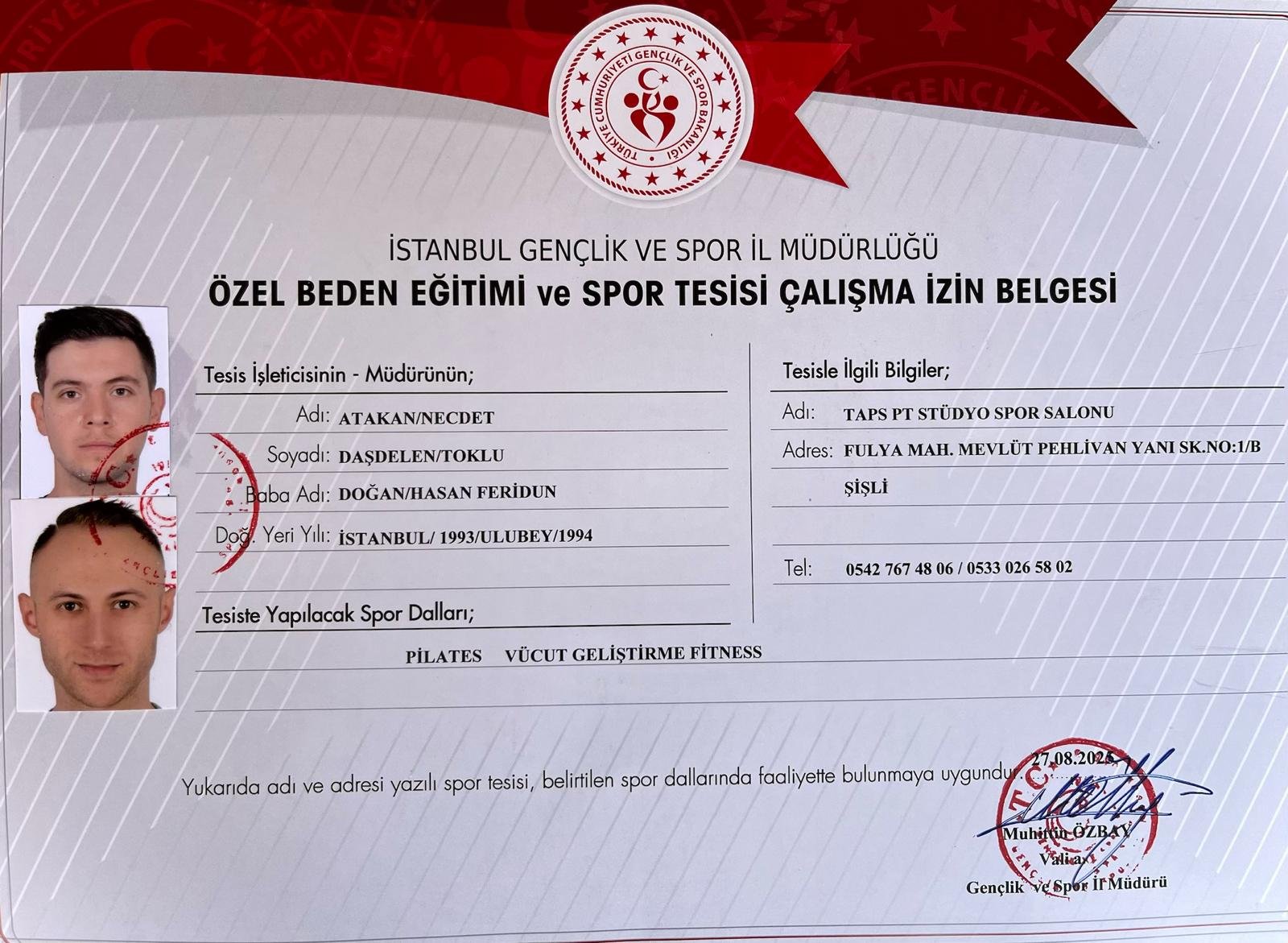 İstanbul Gençlik ve Spor İl Müdürlüğü özel beden eğitimi ve spor tesisi çalışma izin belgesi